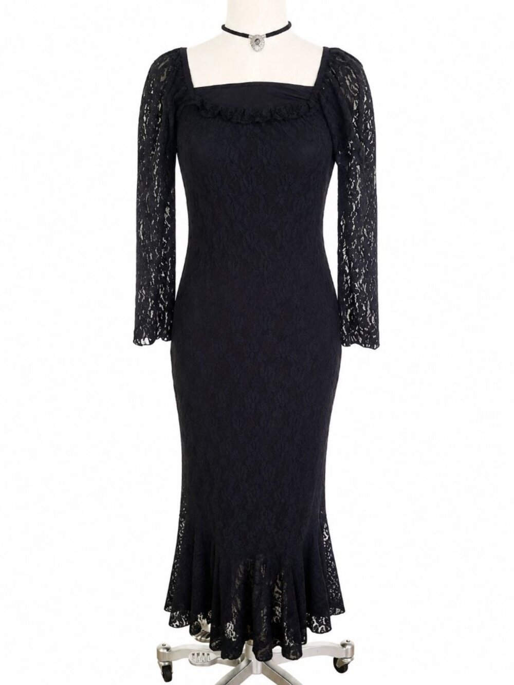 Vintage Boutique Europa Black Lace Midi Dress Sheer Sleeves Square Neck Romantic